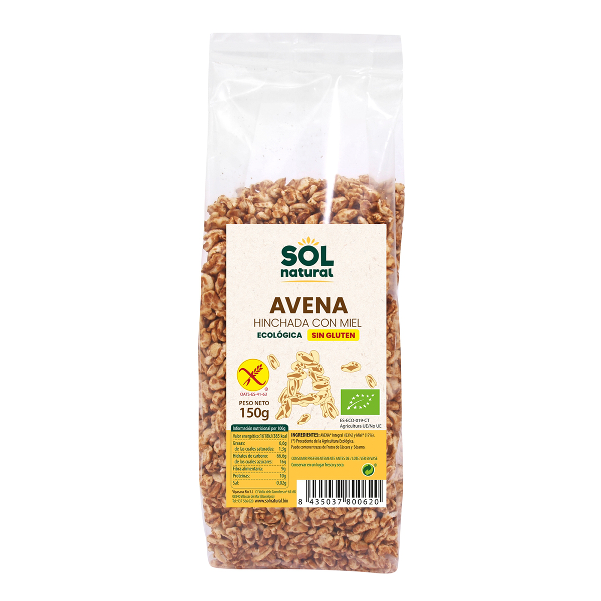 Avena hinchada con miel sin gluten Sol Natural 150g.