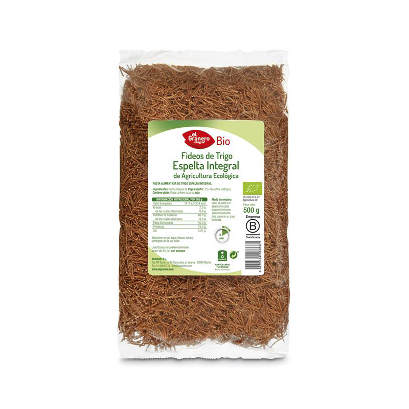 Fideos integrales de espelta bio 500g.