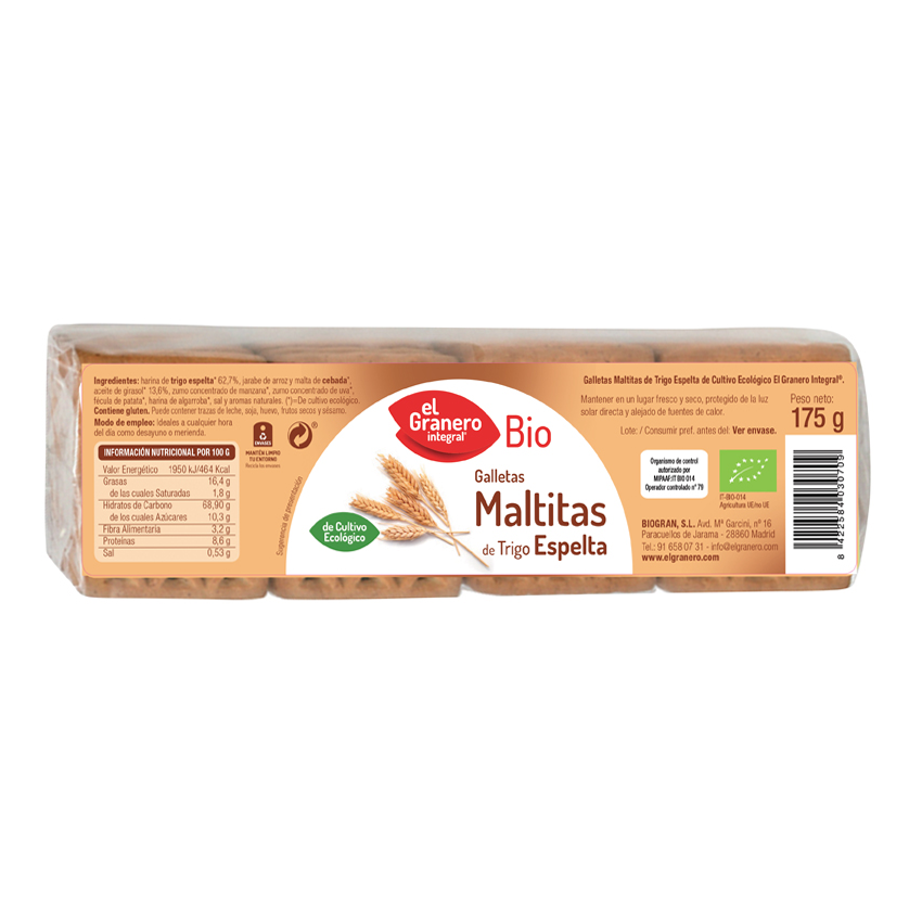 Maltitas galletas de espelta bio El Granero Integral 175 gramos