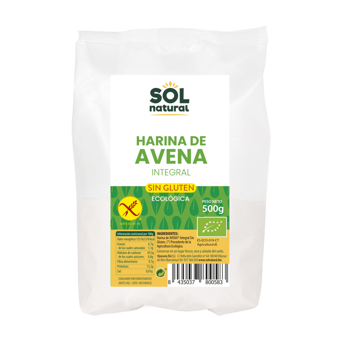 Harina de avena integral ecológica sin gluten Sol Natural