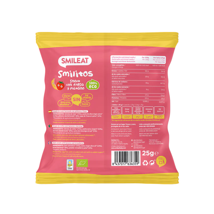 Smilitos Snack de Fresa y Plátano bio Smileat en Biosano