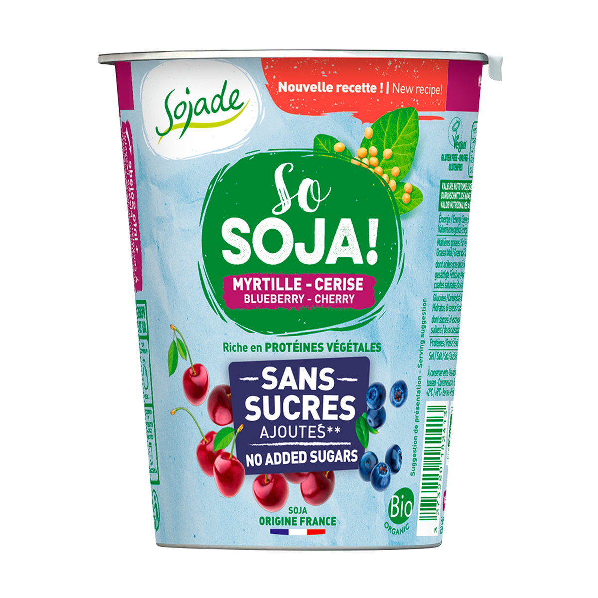 Yogur de soja con cerezas y arándanos sin azúcar Sojade