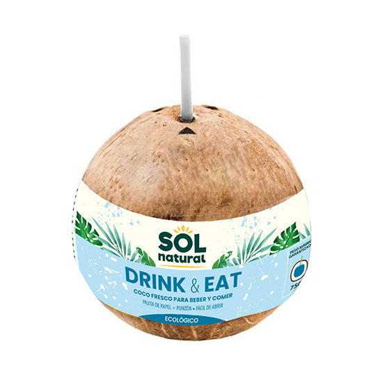 Coco orgánico para comer y beber con pajita Sol Natural