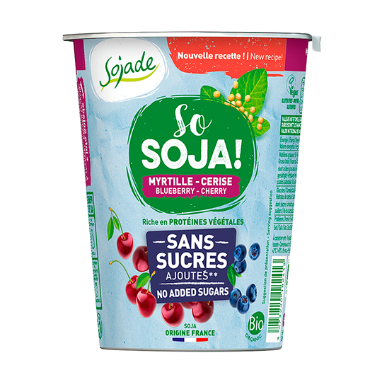 Yogur de soja con cerezas y arándanos sin azúcar Sojade